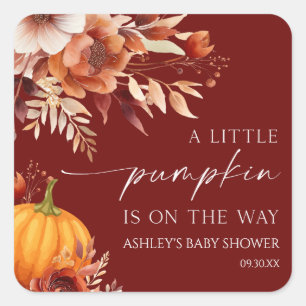 A Little Pumpkin Rusty Burgundy Floral Baby Shower Square Sticker
