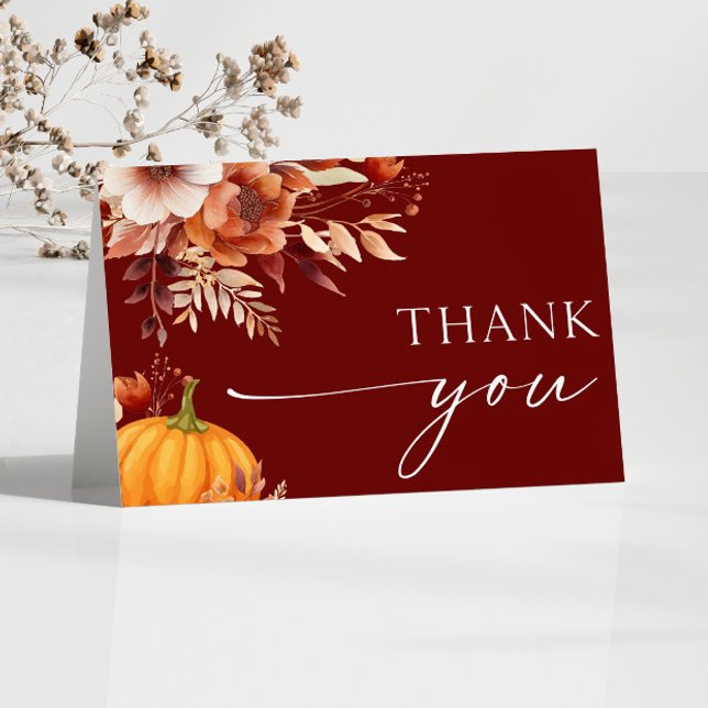 A Little Pumpkin Rusty Burgundy Floral Baby Shower Thank You Card (Creator Uploaded)