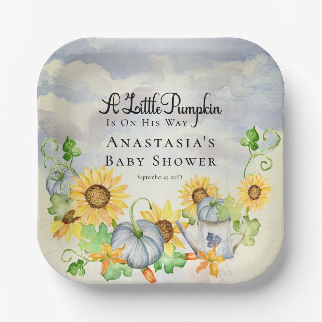 A Little Pumpkin | Sunflowers Boy Baby Shower  Paper Plate (Front)