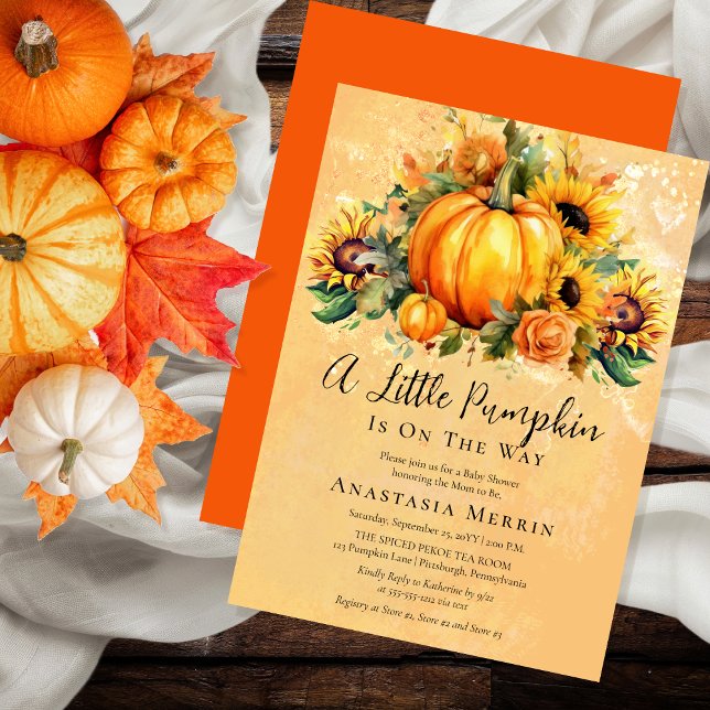 A Little Pumpkin | Sunflowers Fall Baby Shower Invitation ("A Little Pumpkin Is On The Way" Pumpkins, Sunflowers and Apricot Roses Baby Shower Invitation)