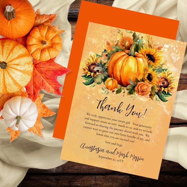 A Little Pumpkin | Sunflowers Fall Baby Shower Thank You Card ("A Little Pumpkin Is On The Way" Pumpkins, Sunflowers and Apricot Roses Baby Shower Thank You Card)