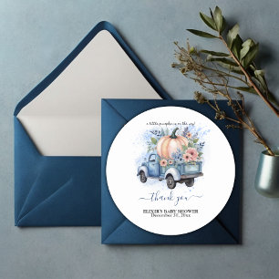 A Little Pumpkin Truck Blue Watercolor Baby Shower Classic Round Sticker