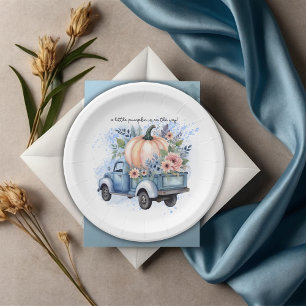 A Little Pumpkin Truck Blue Watercolor Baby Shower Paper Plate