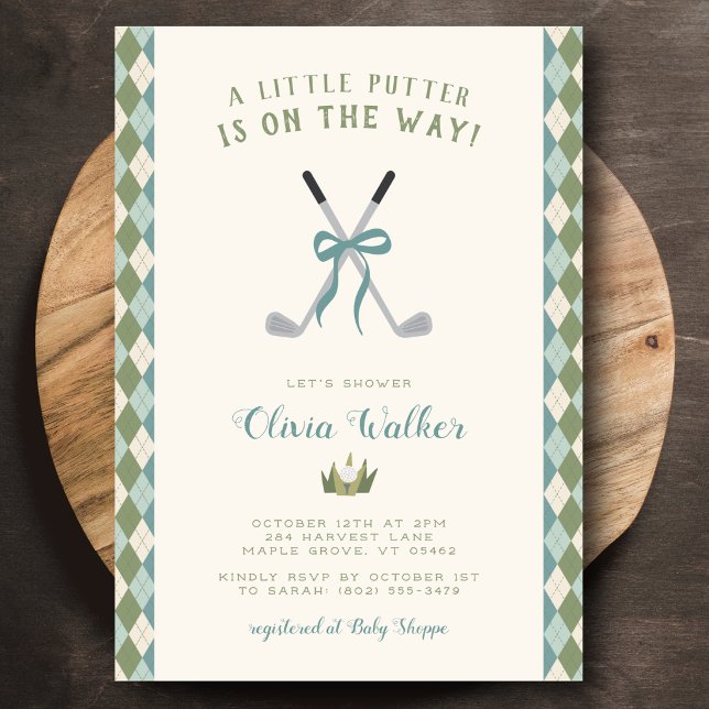 A Little Putter Golf Theme Preppy Blue Argyle Boy  Invitation (Soft sage and blue, effortlessly chic.)