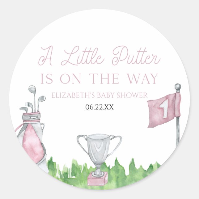 A Little Putter Pink Golf Baby Shower Classic Round Sticker (Front)