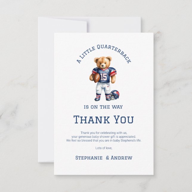 A Little Quarterback Is On The Way Baby Shower Thank You Card (Front)