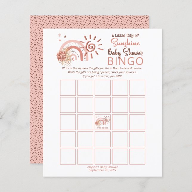 A Little Ray of Sunshine Baby Shower Bingo Game In (Front/Back)