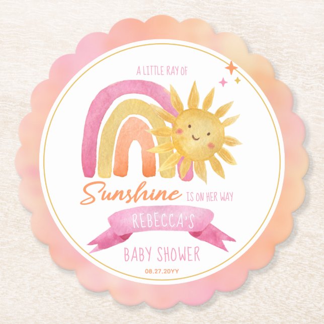 A Little Ray of Sunshine Girl Baby Shower Paper Coaster (Front)