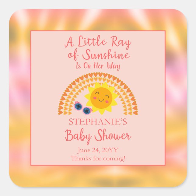 A Little Ray of Sunshine Girl Baby Shower  Square Sticker (Front)