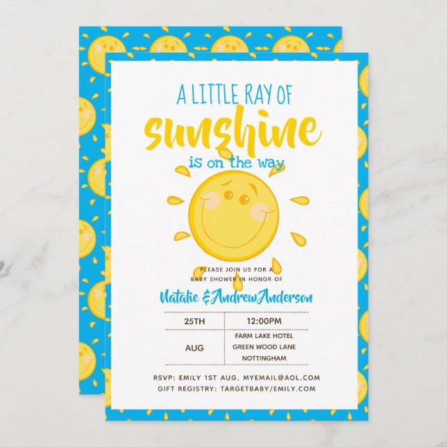 A Little Ray Of SUNSHINE is on the way - Blue Invitation (Front/Back)