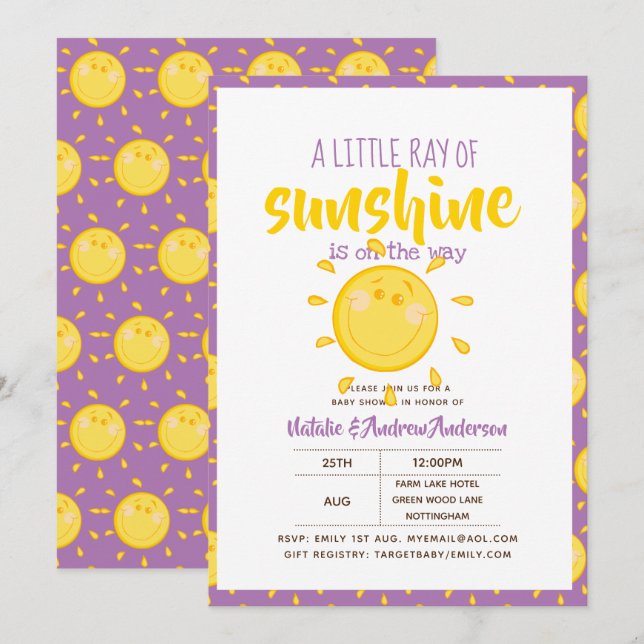A Little Ray Of SUNSHINE is on the way - Purple Invitation (Front/Back)