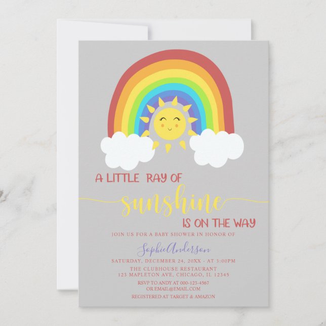 A Little Ray of Sunshine Rainbow Baby Shower Invitation (Front)