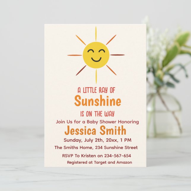 A Little Ray of Sunshine Yellow sun  Baby Shower  Invitation (Standing Front)