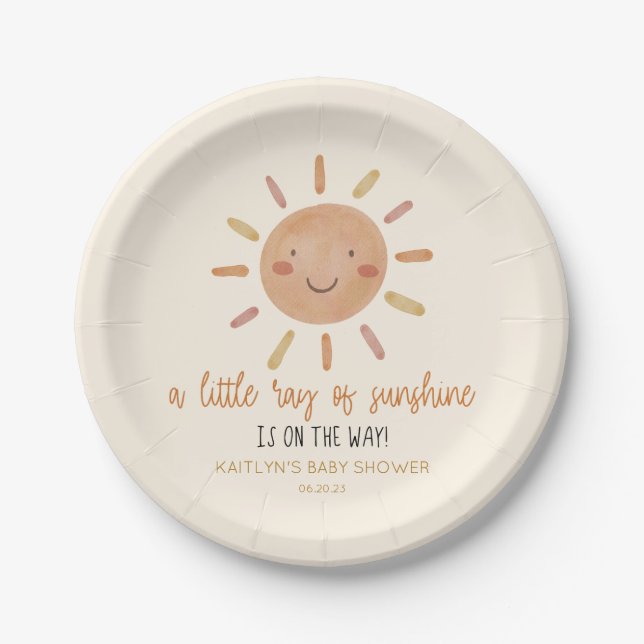 A Little Ray Of Sunshine Yellow Sun Baby Shower Paper Plate (Front)