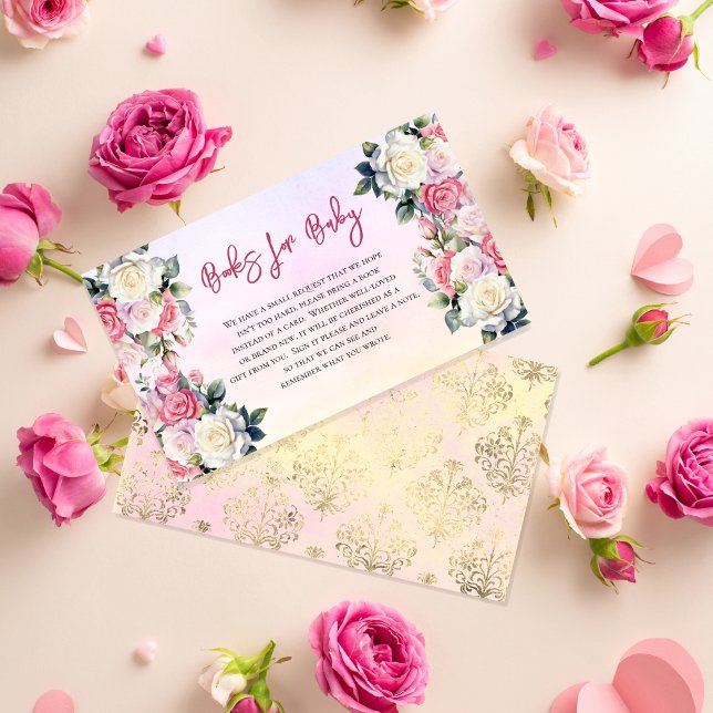 A Little Rose Floral Damask Books for Baby Enclosure Card (Pink Rose Bouquets Girl Baby Shower "Books for Baby" Insert Card -- A Little Rose Collection)
