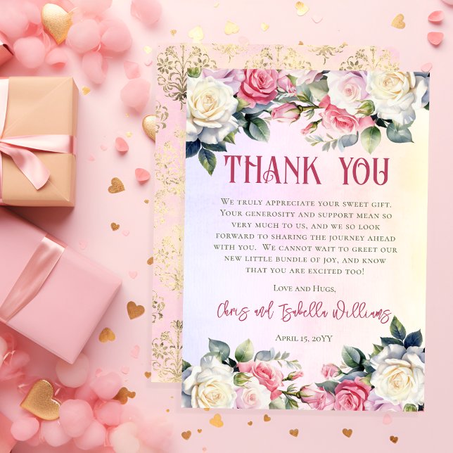 A Little Rose Is On The Way Floral Baby Shower Thank You Card (A Little Rose Is On The Way Pink Rose Bouquets Girl Baby Shower Flat Thank You Card --Damask Back)