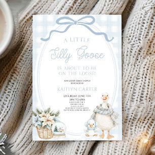 A Little Silly Goose Blue Bow Winter Baby Shower Invitation