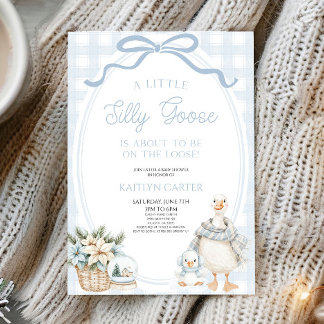 A Little Silly Goose Blue Bow Winter Baby Shower Invitation