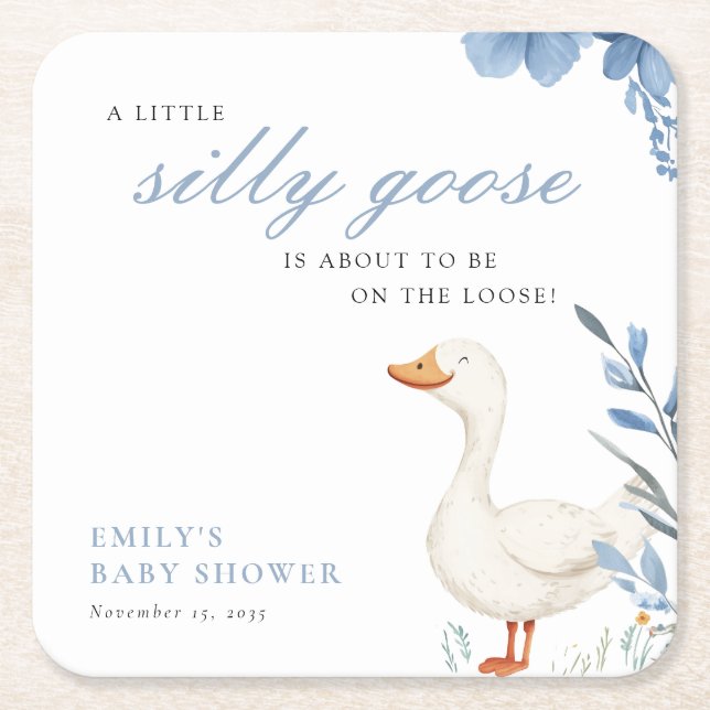 A Little Silly Goose Boy Baby Shower Square Paper Coaster (Front)