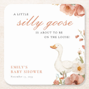 A Little Silly Goose Girl Baby Shower Square Paper Coaster