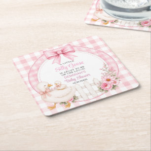 A Little Silly Goose Pink Cottagecore Baby Shower Square Paper Coaster