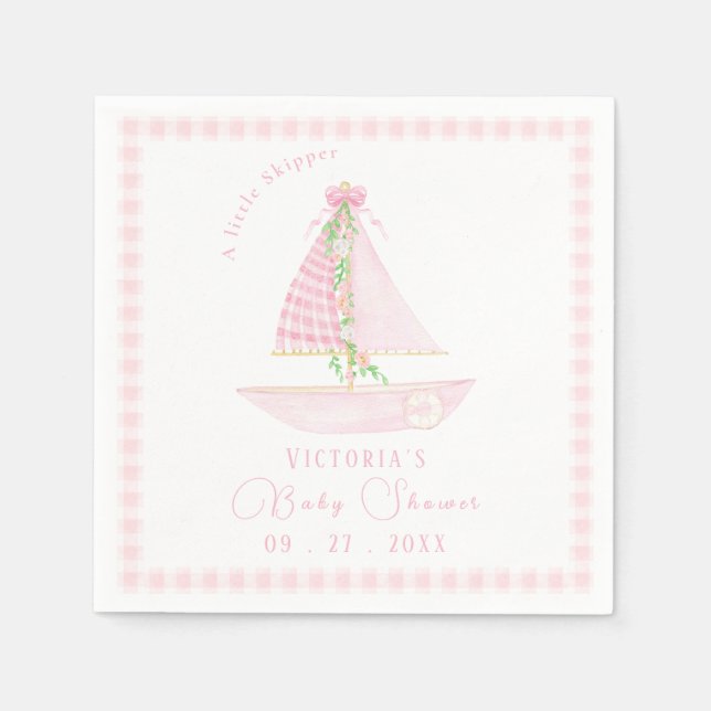 A Little Skipper Pink Plaid Modern Baby Shower Napkin (Front)