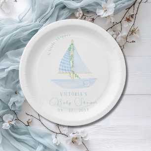 A Little Skipper Sailboat Blue Baby Shower Paper Plate