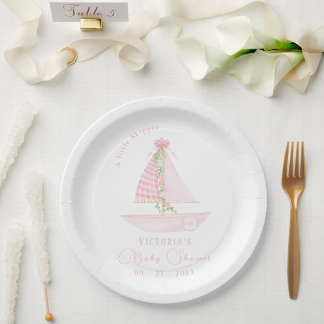 A Little Skipper Sailboat Pink Baby Shower Paper Plate (Wedding)
