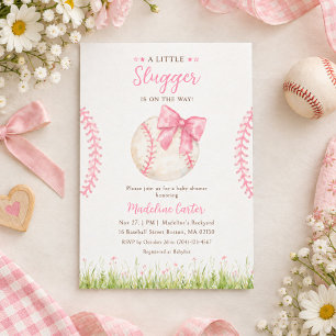 A Little Slugger Pink Baseball Bow Baby Shower Invitation