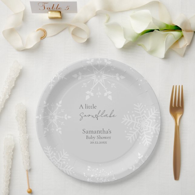 A little Snowflake Baby shower grey  Paper Plate (Wedding)