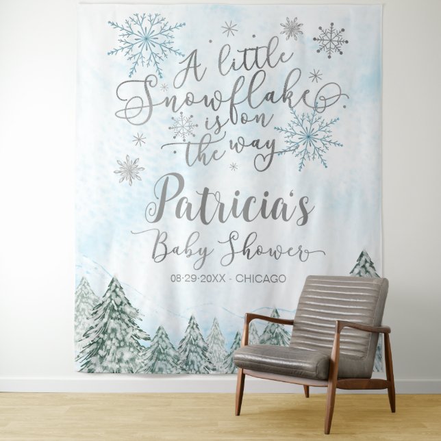A little Snowflake Blue Baby Shower Backdrop Tapestry (In Situ)