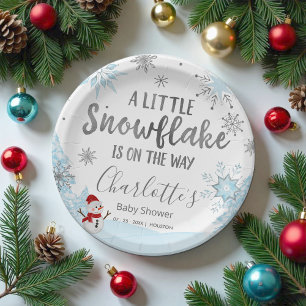 A little snowflake Blue Baby Shower Paper Plate