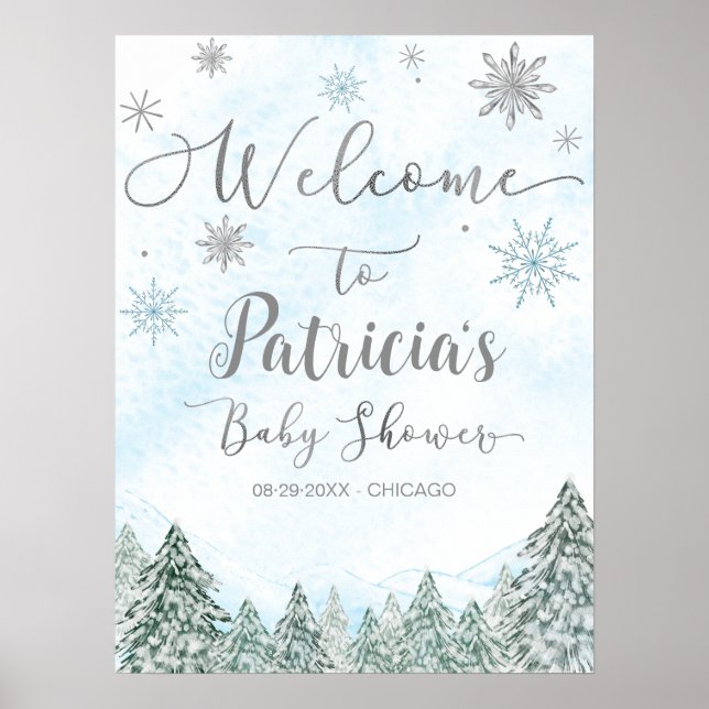 A little Snowflake Blue Baby Shower Welcome Sign (Front)