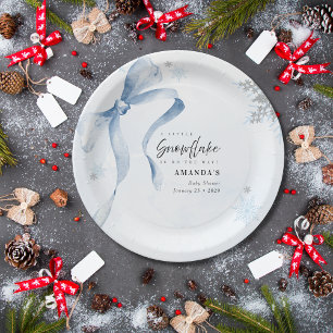 A little Snowflake Blue Bow Glitter Baby Shower  Paper Plate