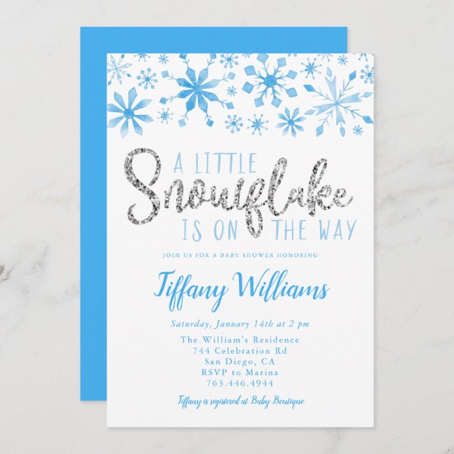 A Little Snowflake Blue Silver Baby Shower Invitation (Front/Back)
