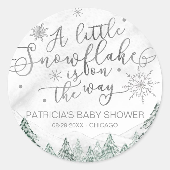 A little Snowflake Grey Baby Shower Classic Round  Classic Round Sticker (Front)