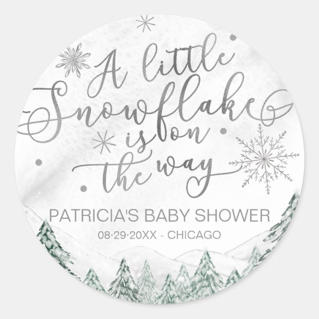 A little Snowflake Grey Baby Shower Classic Round  Sticker (Front)