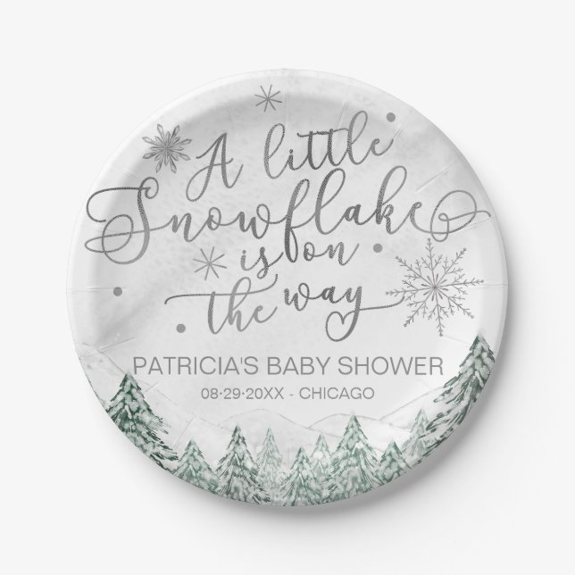 A little Snowflake Grey Baby Shower Paper Plate (Front)