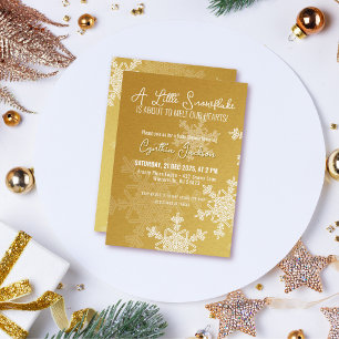 A Little Snowflake Minimalist Golden Pattern Invitation