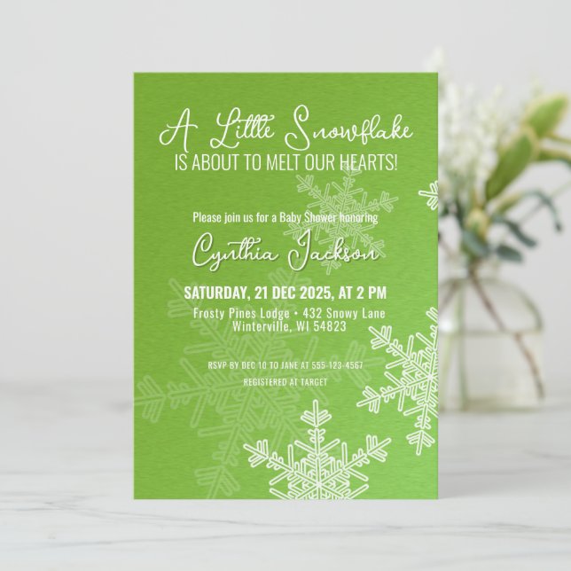 A Little Snowflake Minimalist Green Pattern  Invitation (Standing Front)