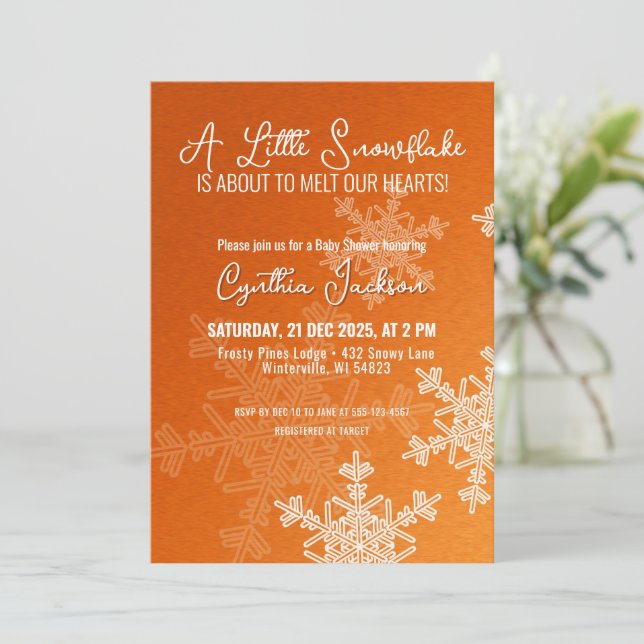 A Little Snowflake Minimalist Orange Pattern  Invitation (Standing Front)