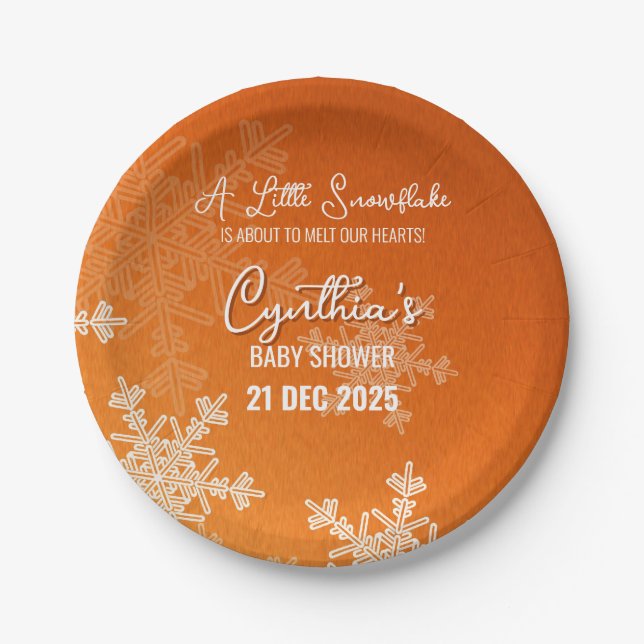 A Little Snowflake Minimalist Orange Pattern  Paper Plate (Front)