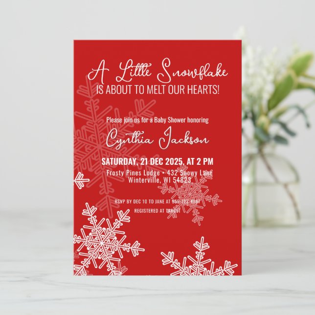 A Little Snowflake Minimalist Red Pattern  Invitation (Standing Front)
