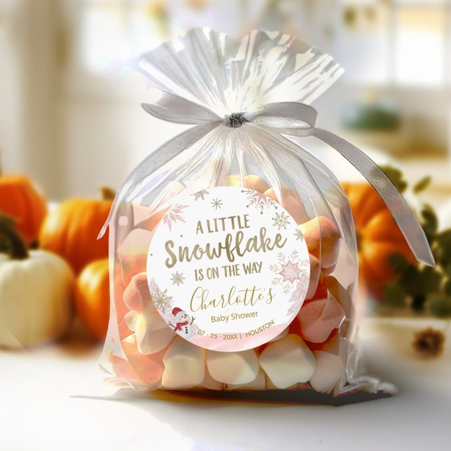 A little snowflake Pink Baby Shower Classic Round Sticker (Creator Uploaded)