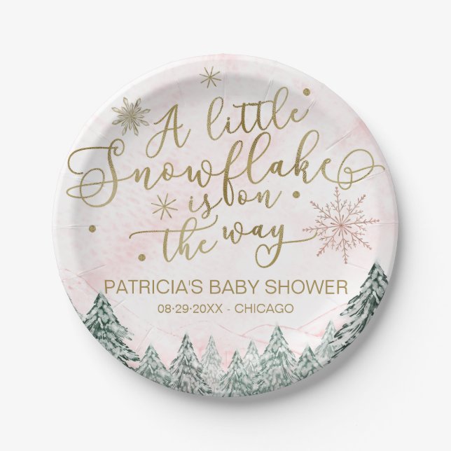 A little Snowflake Pink Baby Shower Paper Plate (Front)