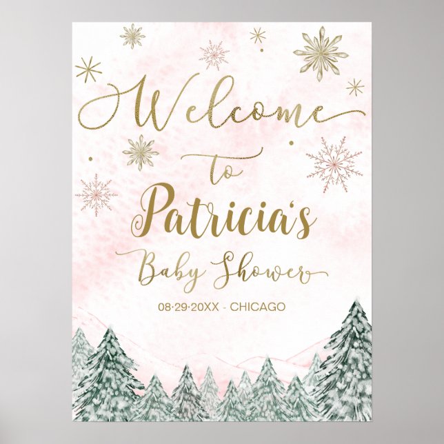 A little Snowflake Pink Baby Shower Welcome Sign (Front)
