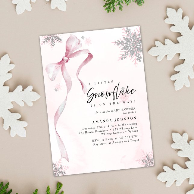 A little Snowflake Pink Bow Glitter Baby Shower Invitation (Creator Uploaded)