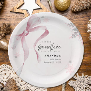 A little Snowflake Pink Bow Glitter Baby Shower  Paper Plate