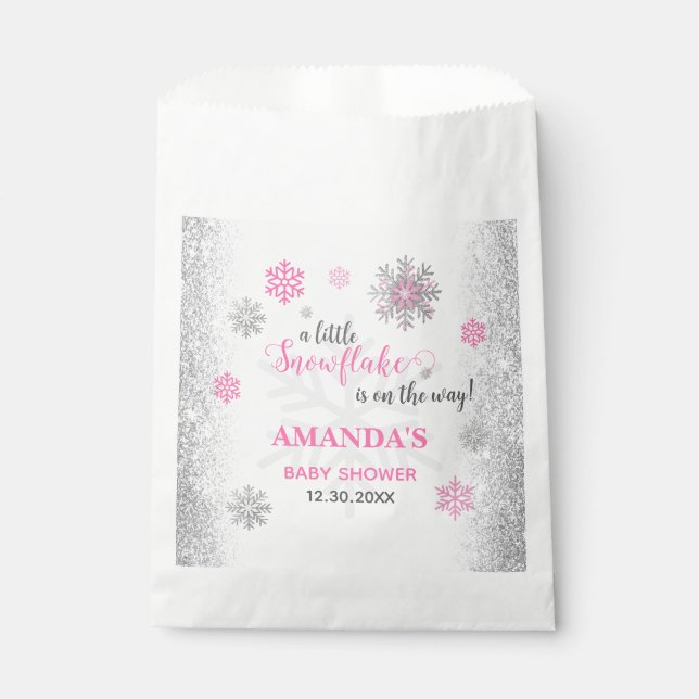 A Little Snowflake Pink Silver Winter Baby Shower  Favour Bags (Front)