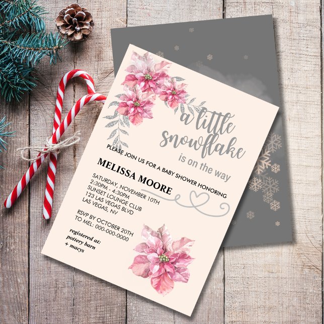 A Little snowflake pink snowflake pink poinsettia Invitation (Creator Uploaded)